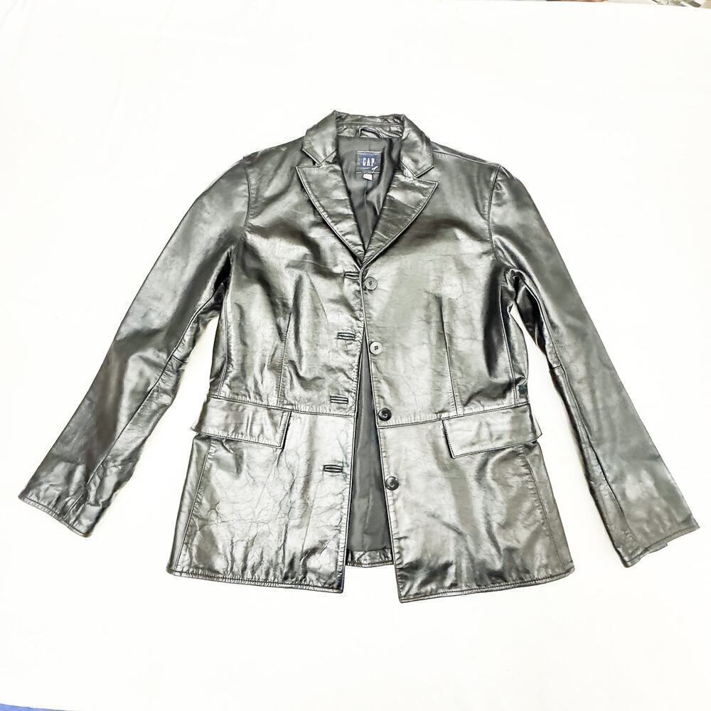 GAP Black Leather 4-Button Blazer Button Down Siz… - image 1